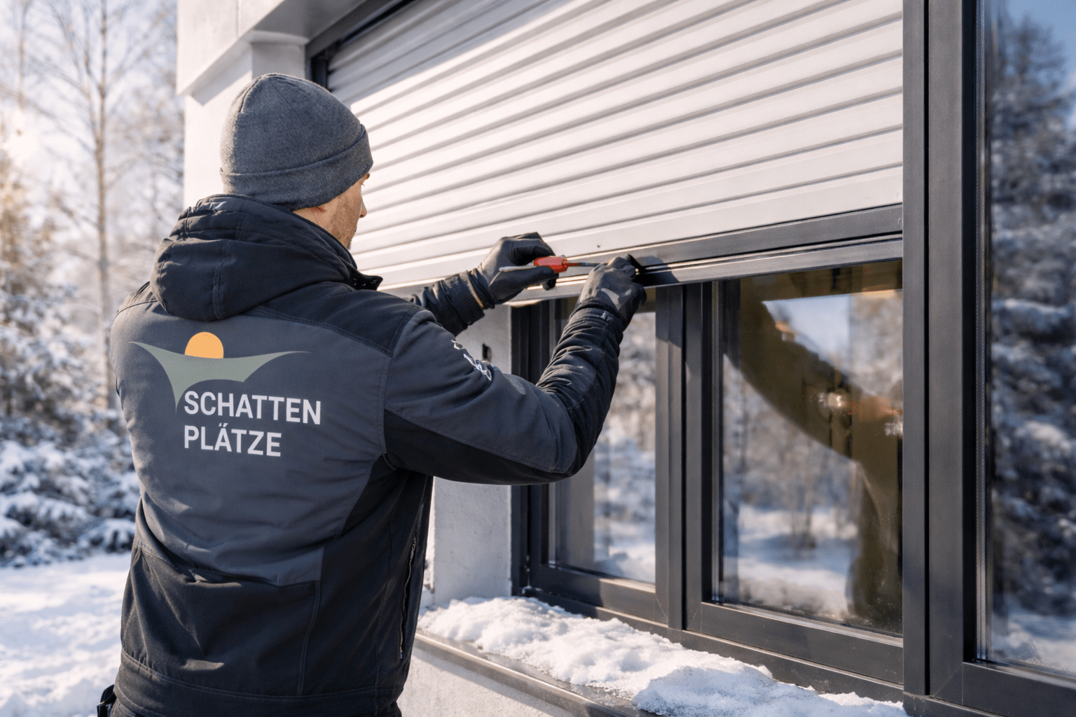 Techniker von Schattenplätze tauscht einen Rollladengurt bei einem Kunden in Voerde.